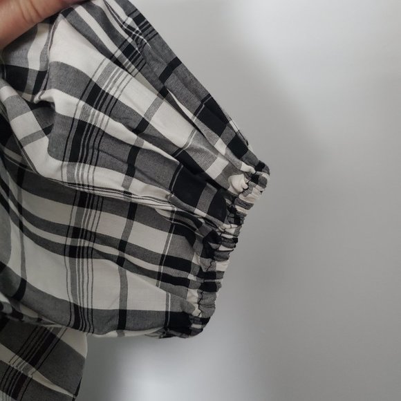 Black & White Plaid Blouse Holiday Cottagecore Baby Doll Balloon Sleeve - Picture 5 of 9